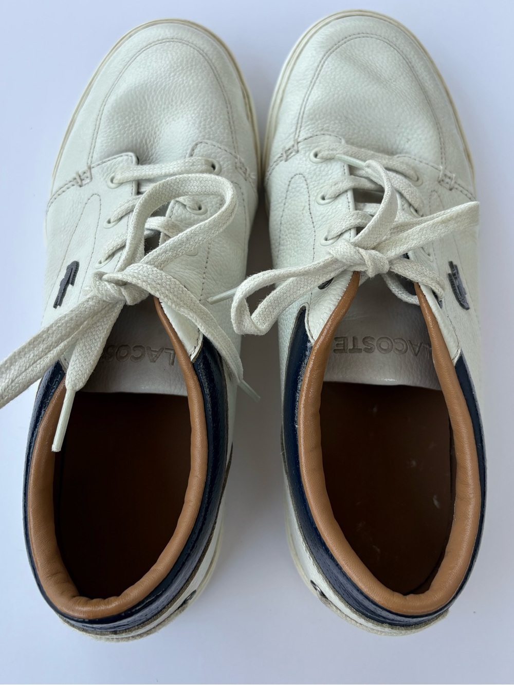 Lacoste White Leather Sneakers with Navy and Tan Accents